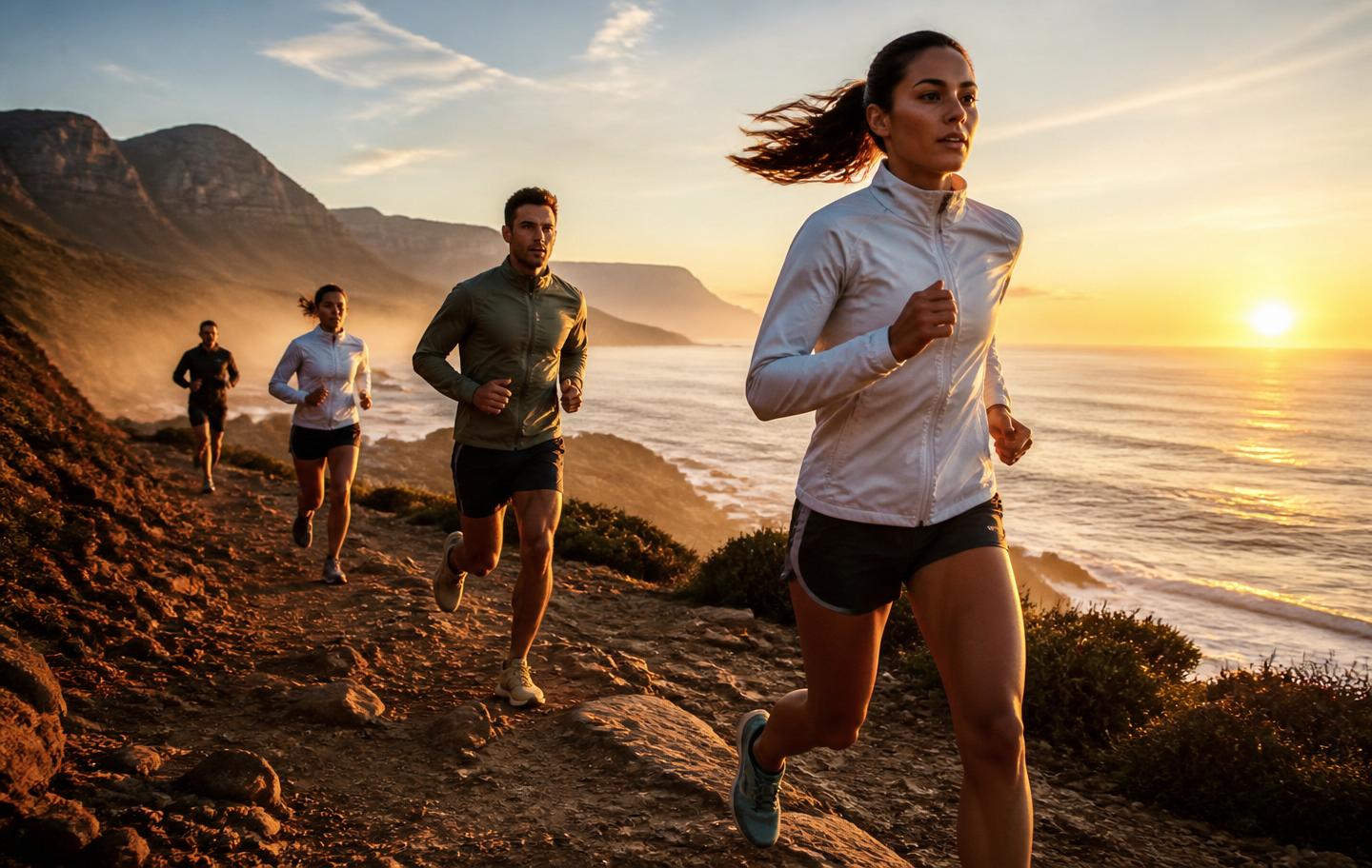 Runners on a coastal trail at sunrise