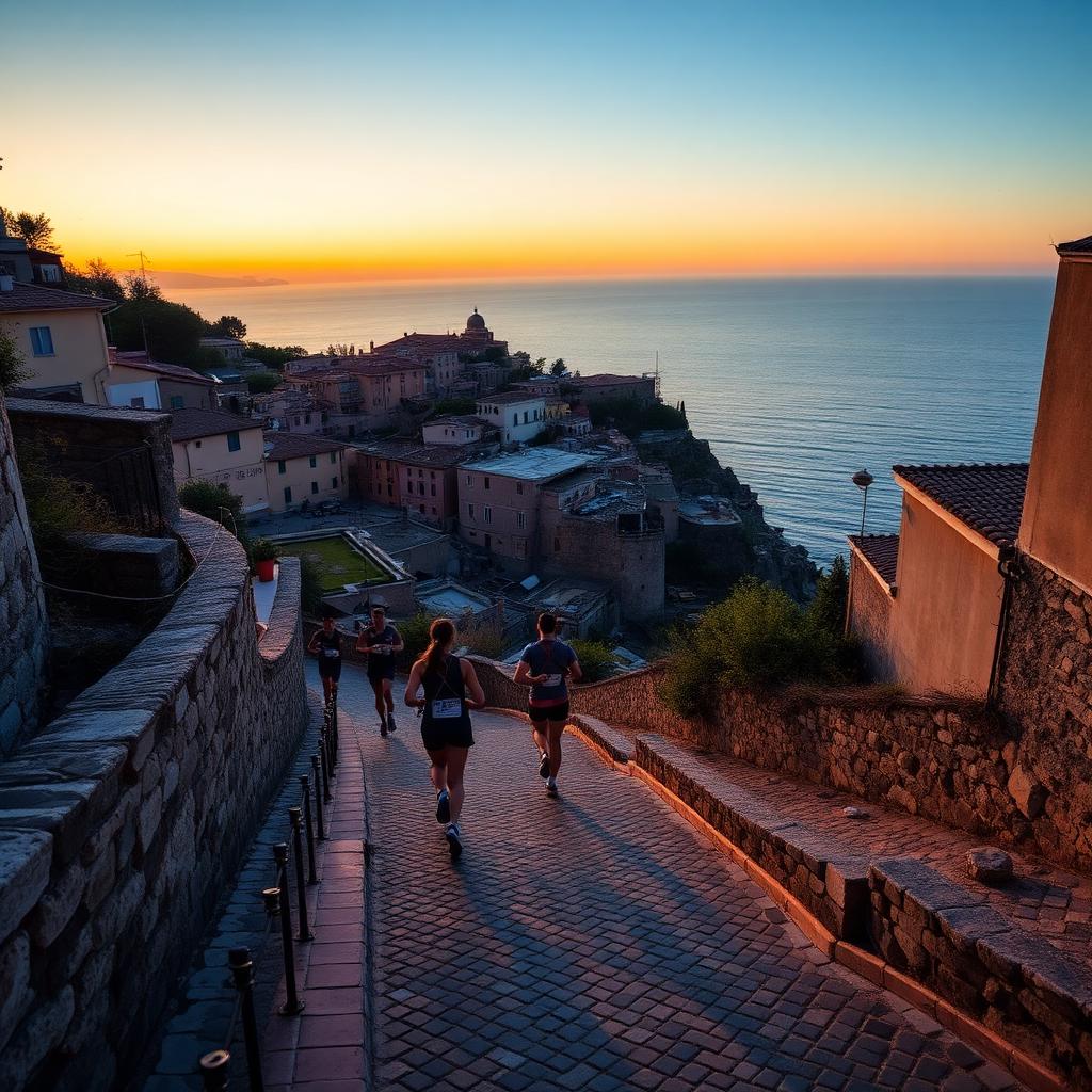 Runners in a coastal Italian village at sunrise